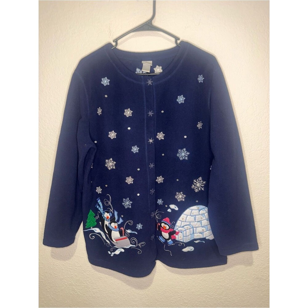 Navy Size 14/16W Winter cardigan with Penguin & Igloo Motif. Snowflake Buttons